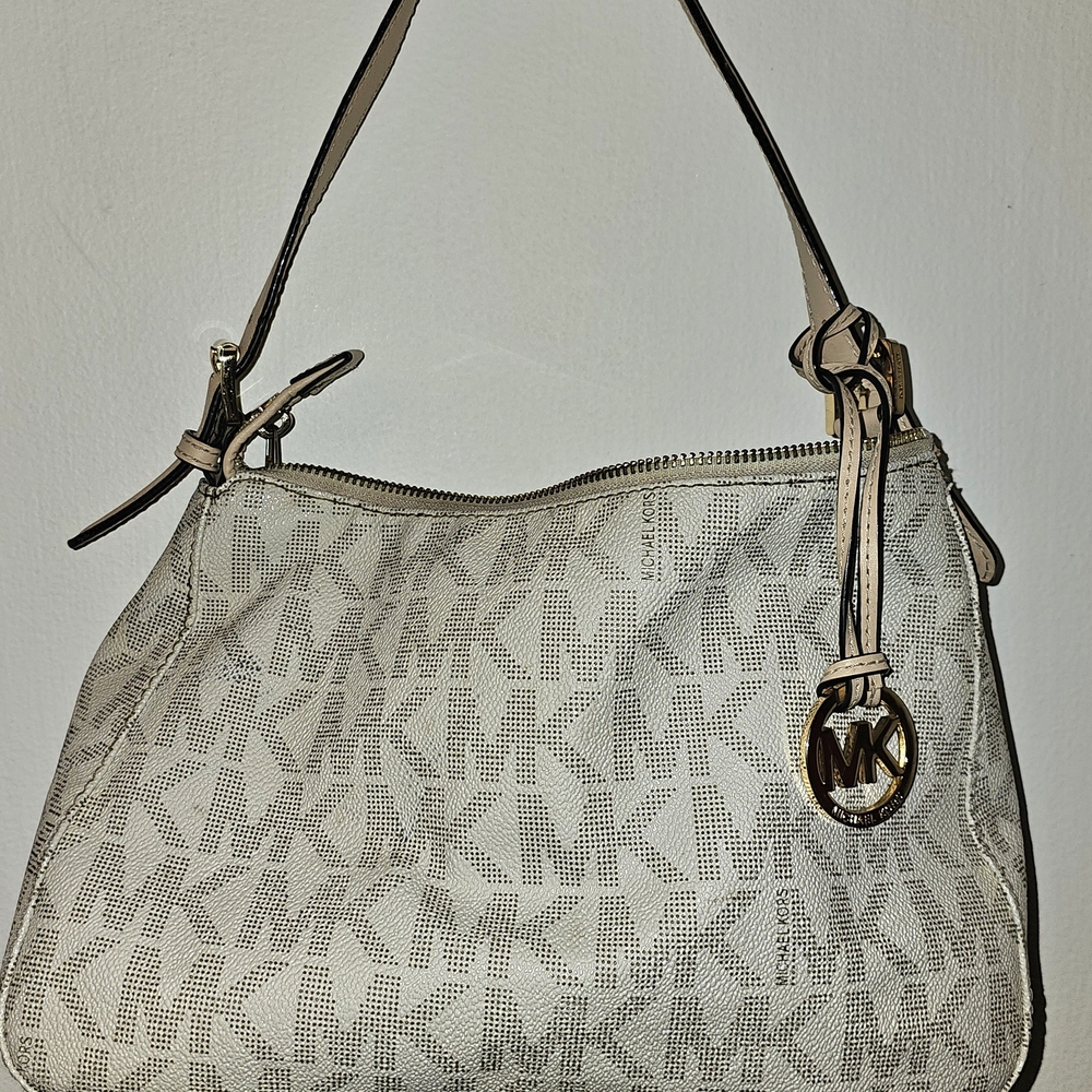 Michael Kors Cream Logo Shoulder Hobo with Gold MK Charm